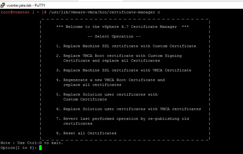 VMware Certificate Tool Main Menu